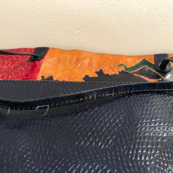 ITALIAN  LEATHER  JUNGLE SAFARI SCENE HANDLED  LINEN LINED ZIPPER  LARGE PURSE - Picture 12 of 15